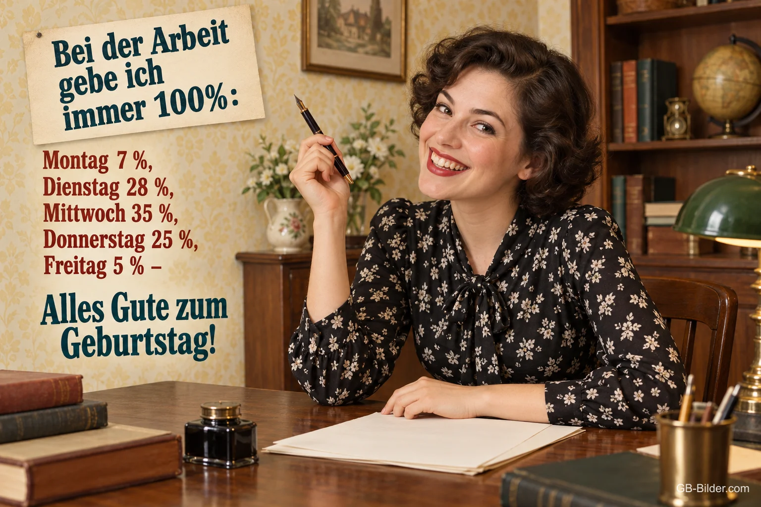 Lachende Frau mit Füller am Schreibtisch im Stil der 50er Jahre, Text: Bei der Arbeit gebe ich immer 100%: Montag 7 %, Dienstag 28 %, Mittwoch 35 %, Donnerstag 25 %, Freitag 5 % – Alles Gute zum Geburtstag! Lachende Frau mit Füller am Schreibtisch im Stil der 50er Jahre, Text: Bei der Arbeit gebe ich immer 100%: Montag 7 %, Dienstag 28 %, Mittwoch 35 %, Donnerstag 25 %, Freitag 5 % – Alles Gute zum Geburtstag!