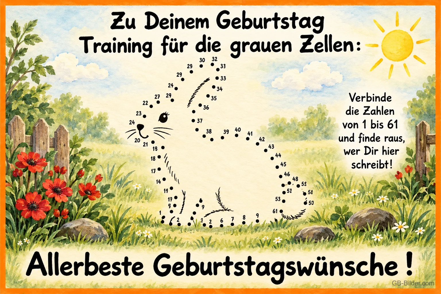 Punkt-zu-Punkt-Rätsel in Form eines Hasen auf einer Wiese, Text: Zu Deinem Geburtstag Training für die grauen Zellen: Verbinde die Zahlen von 1 bis 61 und finde raus, wer Dir hier schreibt! Allerbeste Geburtstagswünsche!