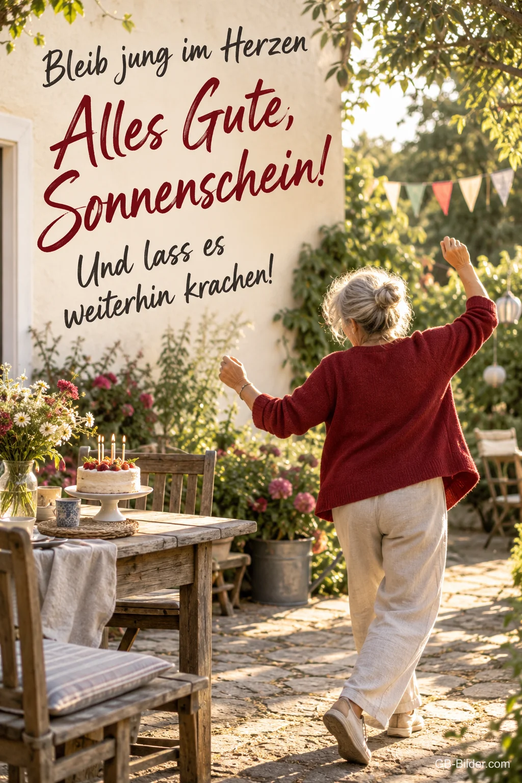 Ältere Dame tanzt in einem Garten mit Geburtstagstisch, Text: Bleib jung im Herzen – Alles Gute, Sonnenschein! Und lass es weiterhin krachen!
