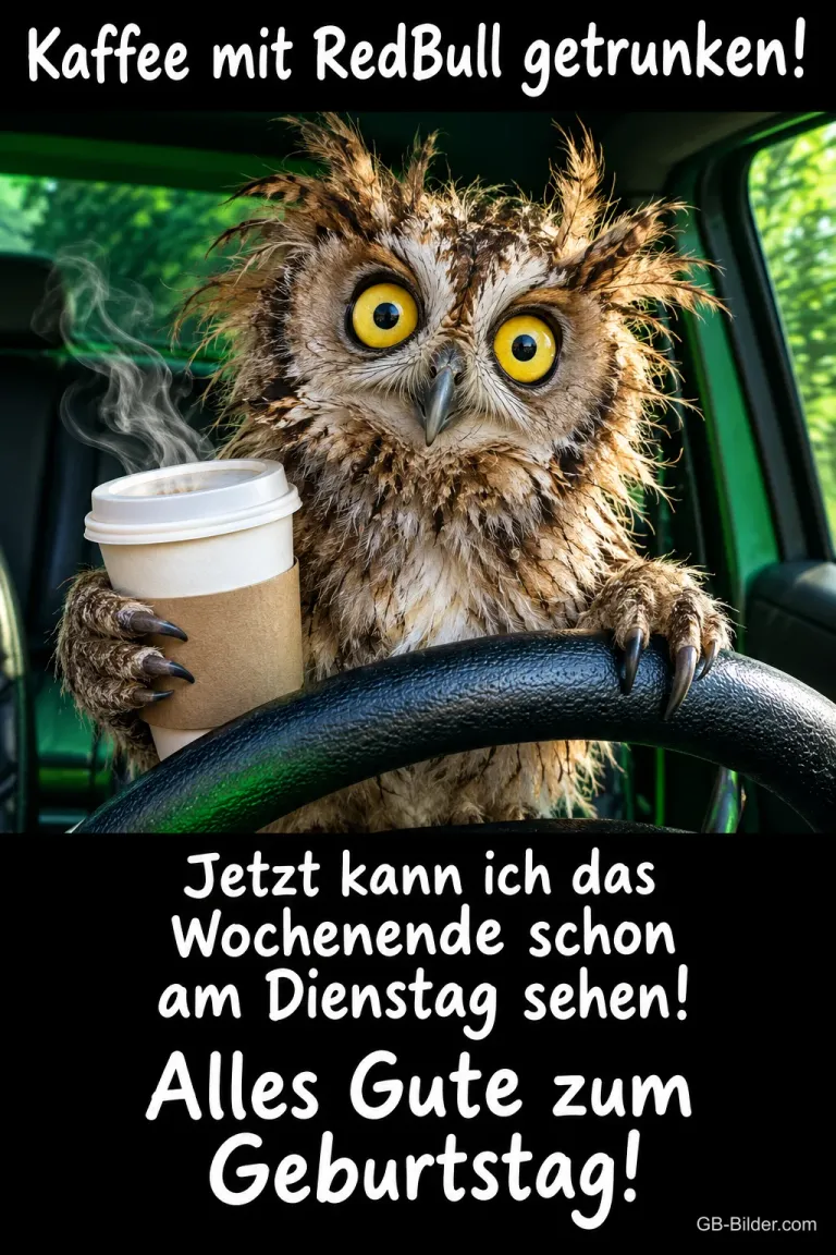 Zerzauste Eule mit Kaffeebecher sitzt am Lenkrad eines Autos, Text: Kaffee mit RedBull getrunken! Jetzt kann ich das Wochenende schon am Dienstag sehen! Alles Gute zum Geburtstag!