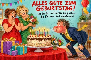 Mann pustet mit roten Backen auf elektrische Kerzen, zwei Frauen lachen, Text: ALLES GUTE ZUM GEBURTSTAG! Du darfst aufhören zu pusten – die Kerzen sind elektrisch!