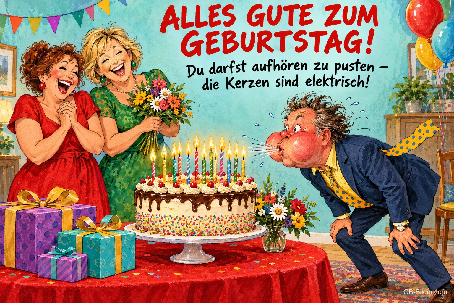Mann pustet mit roten Backen auf elektrische Kerzen, zwei Frauen lachen, Text: ALLES GUTE ZUM GEBURTSTAG! Du darfst aufhören zu pusten – die Kerzen sind elektrisch!