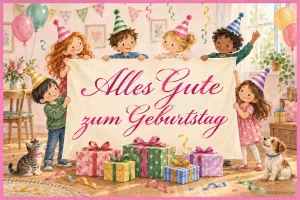 Kinder mit Partyhüten halten ein Banner über Geschenken, Text: Alles Gute zum Geburtstag