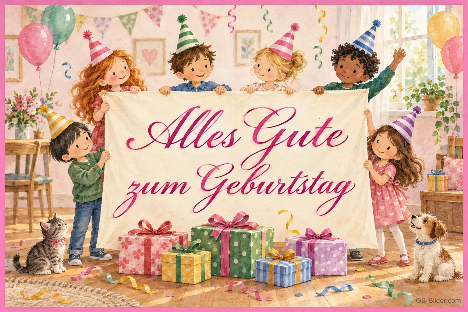 Kinder mit Partyhüten halten ein Banner über Geschenken, Text: Alles Gute zum Geburtstag