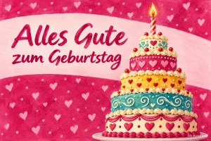 Bunte mehrstöckige Torte mit Kerze auf rosa Herzhintergrund, Text: Alles Gute zum Geburtstag