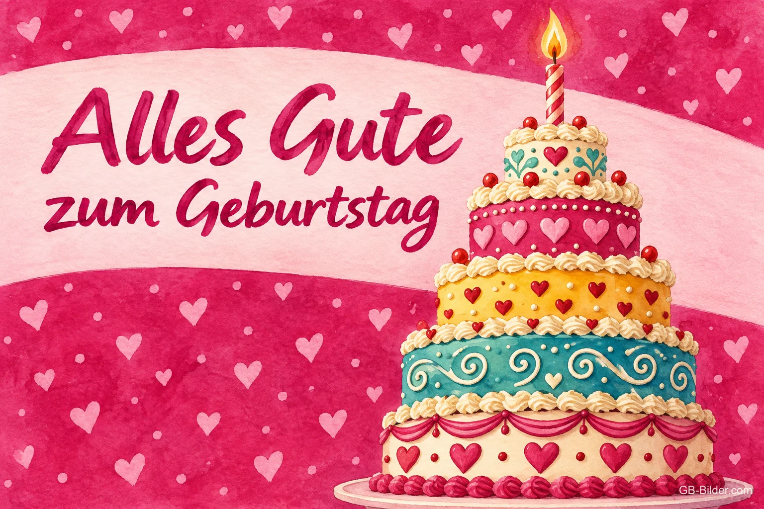 Bunte mehrstöckige Torte mit Kerze auf rosa Herzhintergrund, Text: Alles Gute zum Geburtstag