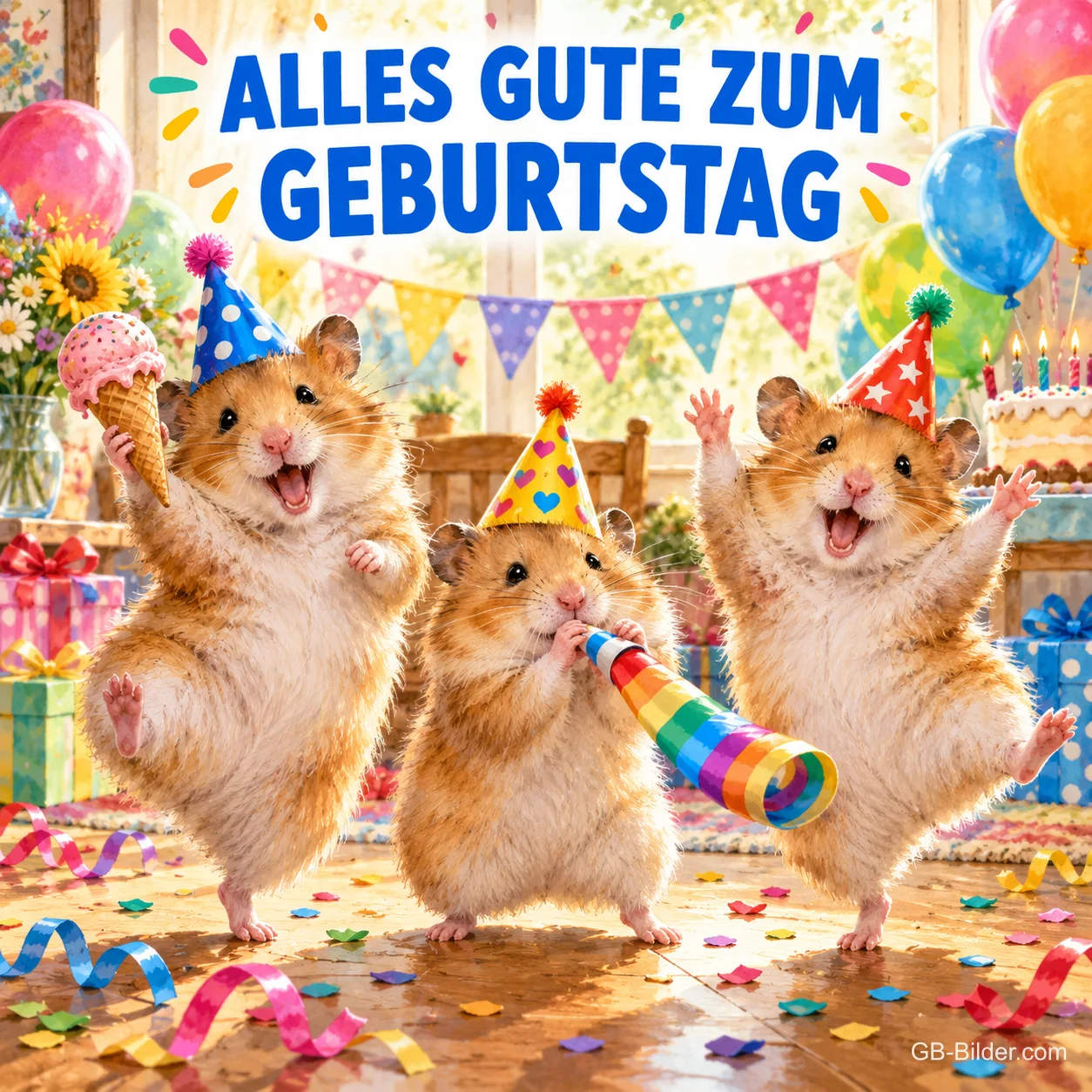 Drei Hamster mit Partyhüten tanzen, einer hält ein Eis, einer bläst eine Regenbogen-Tröte, Konfetti fliegt, Text: ALLES GUTE ZUM GEBURTSTAG