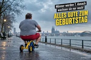 Mann fährt auf einem Kinderdreirad am Rheinufer, Text: Männer werden 7, danach wachsen sie nur noch! ALLES GUTE ZUM GEBURTSTAG