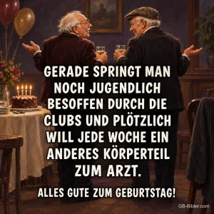 Zwei ältere Herren unterhalten sich bei einer Geburtstagsfeier, Text: GERADE SPRINGT MAN NOCH JUGENDLICH BESOFFEN DURCH DIE CLUBS UND PLÖTZLICH WILL JEDE WOCHE EIN ANDERES KÖRPERTEIL ZUM ARZT. ALLES GUTE ZUM GEBURTSTAG!