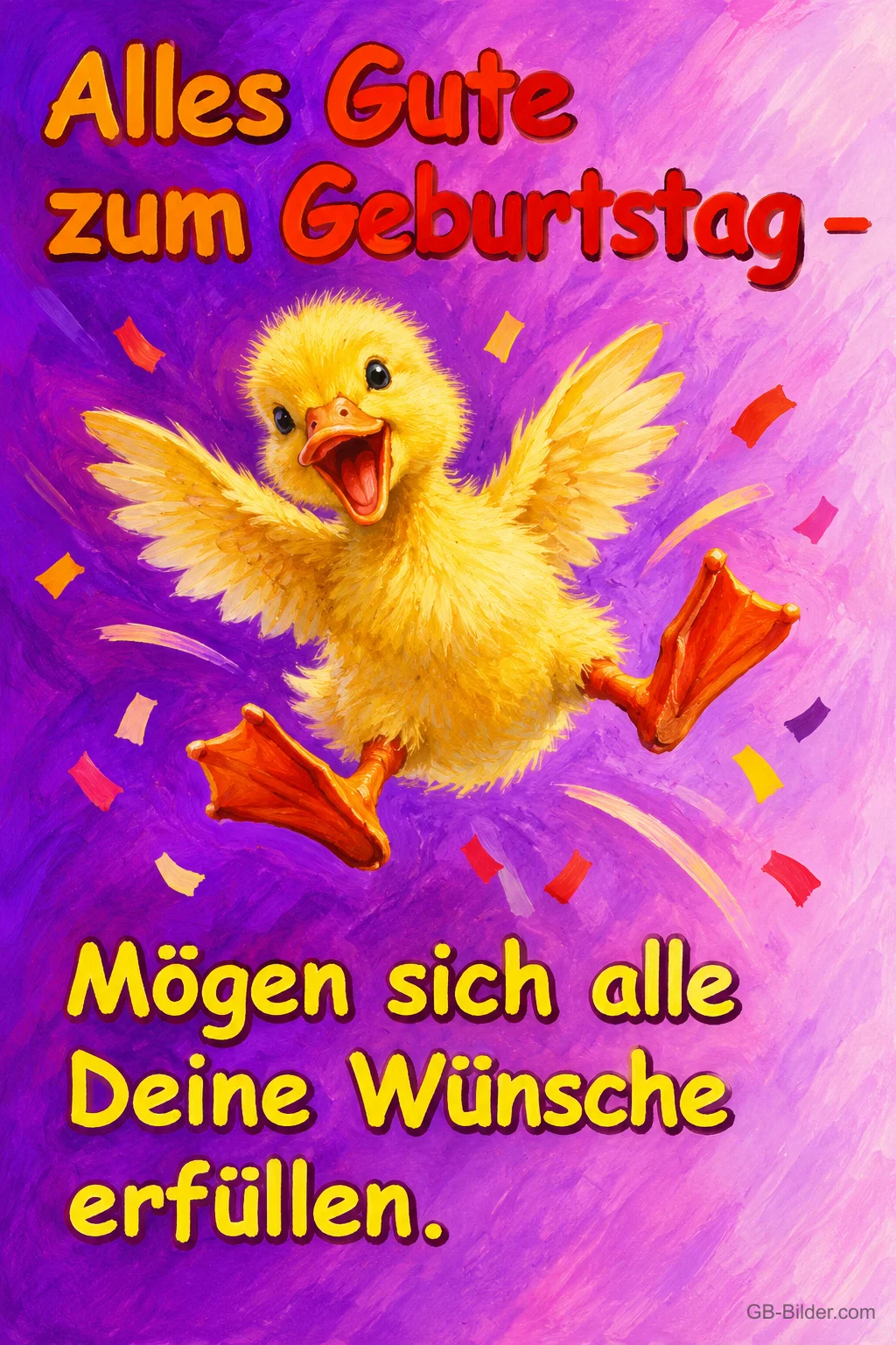 Gelbes Entenküken springt jubelnd zwischen Konfetti auf Lila, Text: Alles Gute zum Geburtstag – Mögen sich alle Deine Wünsche erfüllen.
