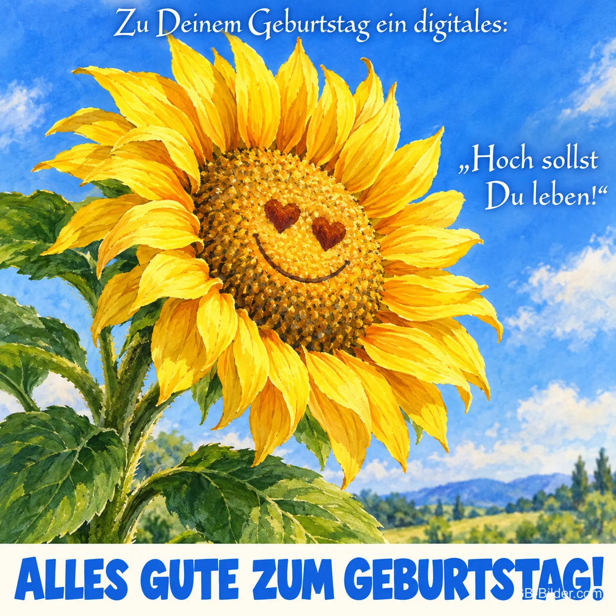Sonnenblume mit lachendem Gesicht vor blauem Himmel, Text: Zu Deinem Geburtstag ein digitales: „Hoch sollst Du leben!“ ALLES GUTE ZUM GEBURTSTAG!