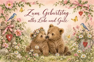 Zwei Bärenjunge mit Blumenkranz zwischen Blumen und Vögeln, Text: Zum Geburtstag alles Liebe und Gute