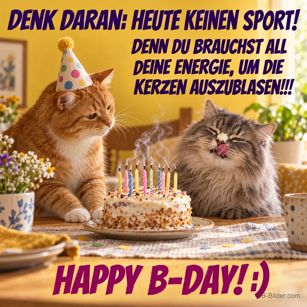 Zwei Katzen mit Partyhut vor einer Geburtstagstorte mit Kerzen, Text: Denk daran: Heute keinen Sport! Denn du brauchst all deine Energie, um die Kerzen auszublasen!!! Happy B-Day! :)