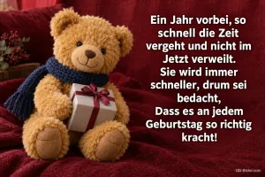 Teddybär mit Schal und Geschenk auf rotem Stoff, Text: Ein Jahr vorbei, so schnell die Zeit vergeht und nicht im Jetzt verweilt. Sie wird immer schneller, drum sei bedacht, dass es an jedem Geburtstag so richtig kracht!