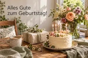 Geburtstagstorte mit Kerzen, Geschenk und Blumenstrauß auf einem Tisch, Text: Alles Gute zum Geburtstag!