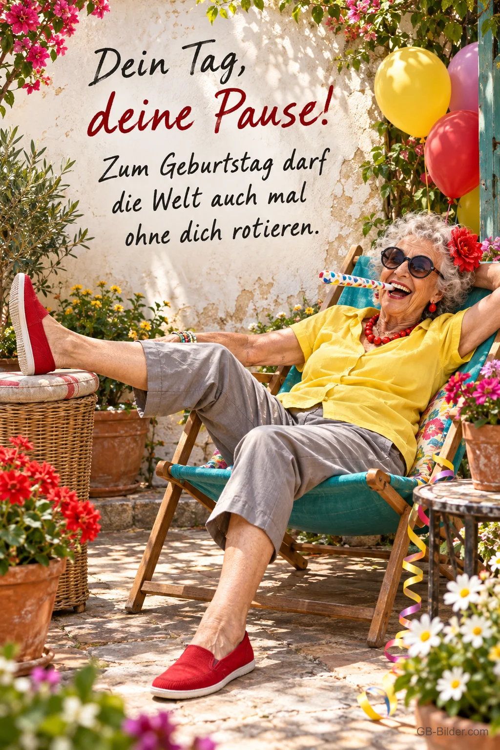 Ältere Dame mit Sonnenbrille legt im Liegestuhl lachend die Füße hoch, Text: Dein Tag, deine Pause! Zum Geburtstag darf die Welt auch mal ohne dich rotieren.
