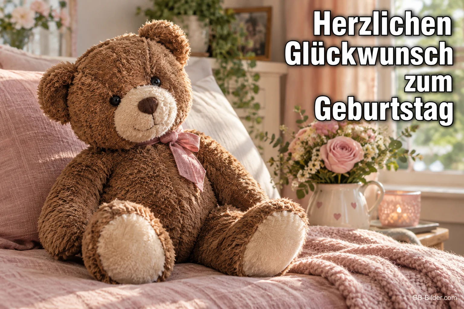 Teddybär mit rosa Schleife auf einem Bett, Text: Herzlichen Glückwunsch zum Geburtstag