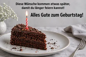 Stück Schokoladentorte mit Kerze auf einem Teller, Text: Diese Wünsche kommen etwas später, damit du länger feiern kannst! Alles Gute zum Geburtstag!