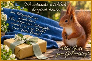 Eichhörnchen neben einem Geschenk auf einer blauen Decke, Text: Ich wünsche wirklich herzlich heute: das Wiegenfest sei wunderbar! Fürs ganze neue Lebensjahr wünsch ich viel Glück! Und "fette Beute"! Alles Gute zum Geburtstag!