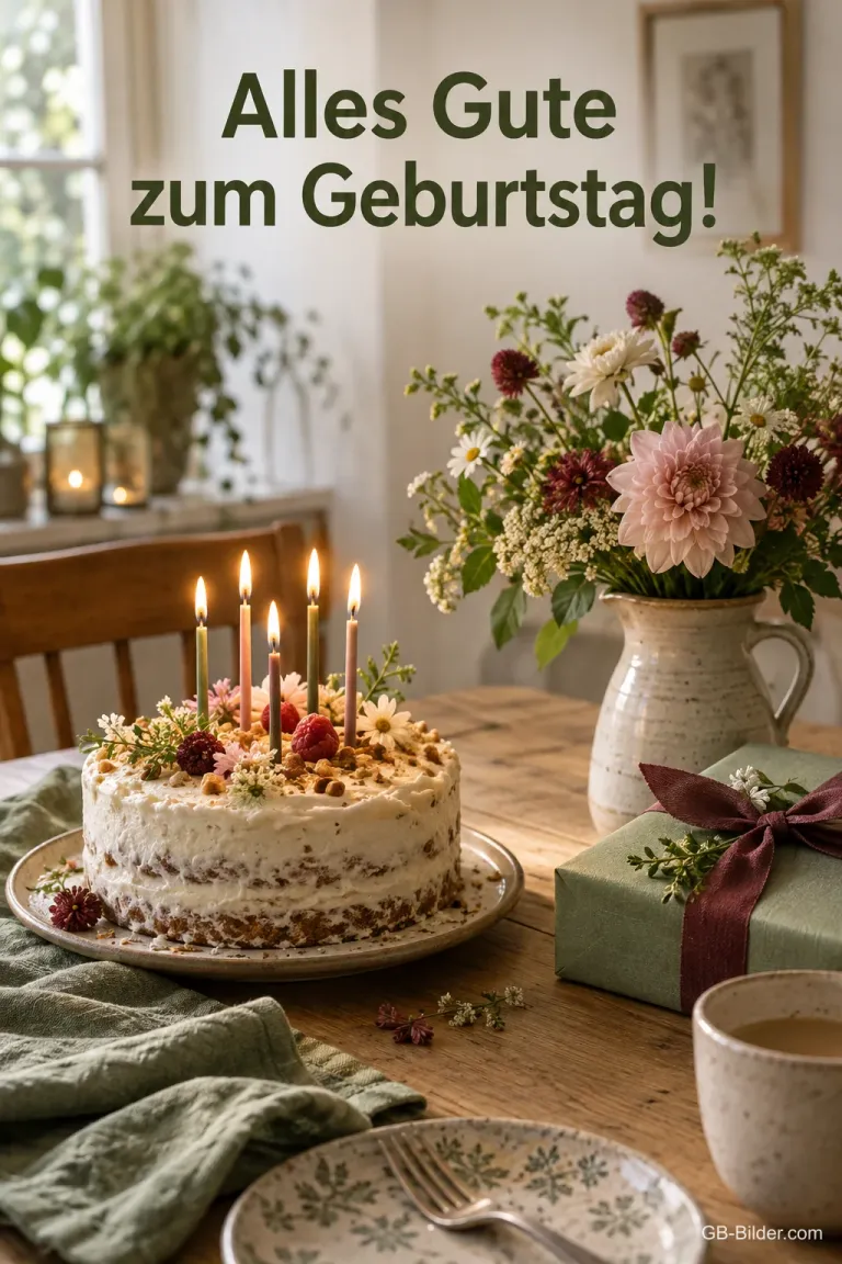 Geburtstagstorte mit Kerzen neben Blumenstrauß und Geschenk, Text: Alles Gute zum Geburtstag!