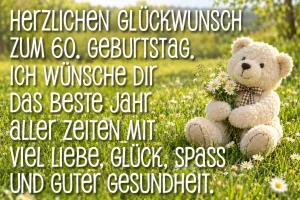 Weißer Teddybär mit Gänseblümchen auf einer Wiese, Text: Herzlichen Glückwunsch zum 60. Geburtstag. Ich wünsche Dir das beste Jahr aller Zeiten mit viel Liebe, Glück, Spaß und guter Gesundheit.