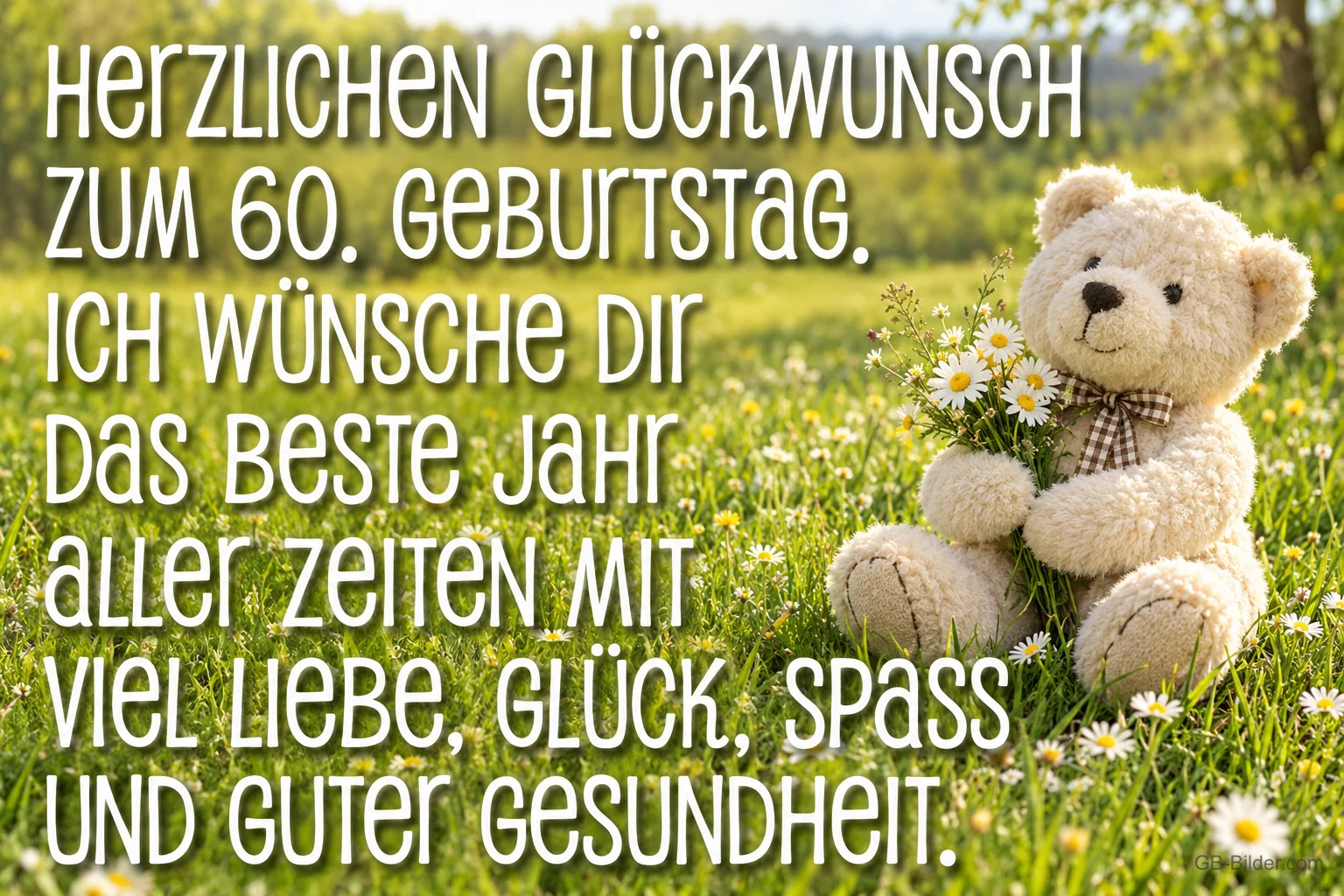 Weißer Teddybär mit Gänseblümchen auf einer Wiese, Text: Herzlichen Glückwunsch zum 60. Geburtstag. Ich wünsche Dir das beste Jahr aller Zeiten mit viel Liebe, Glück, Spaß und guter Gesundheit.