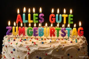 Bunte Buchstabenkerzen auf einer Geburtstagstorte, Text: ALLES GUTE ZUM GEBURTSTAG