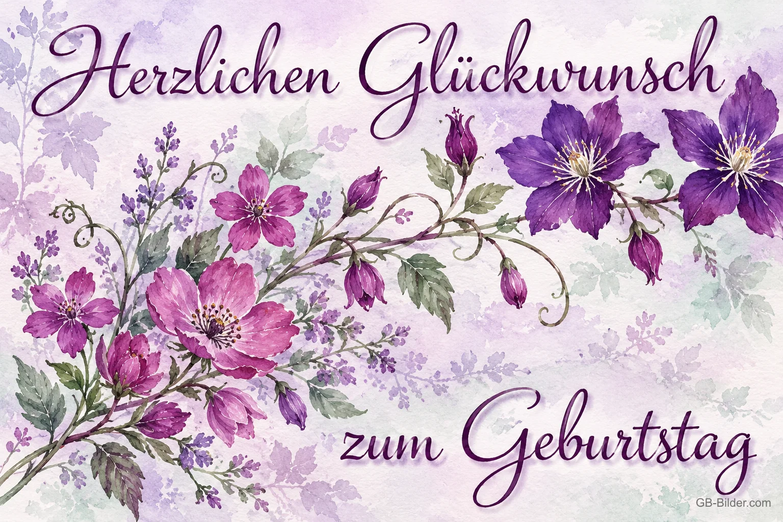 Ranken mit lila und rosa Blüten auf hellem Grund, Text: Herzlichen Glückwunsch zum Geburtstag