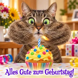 Getigerte Katze mit großen Augen und dicken Backen hinter einem bunten Muffin mit Kerze, Text: Alles Gute zum Geburtstag!