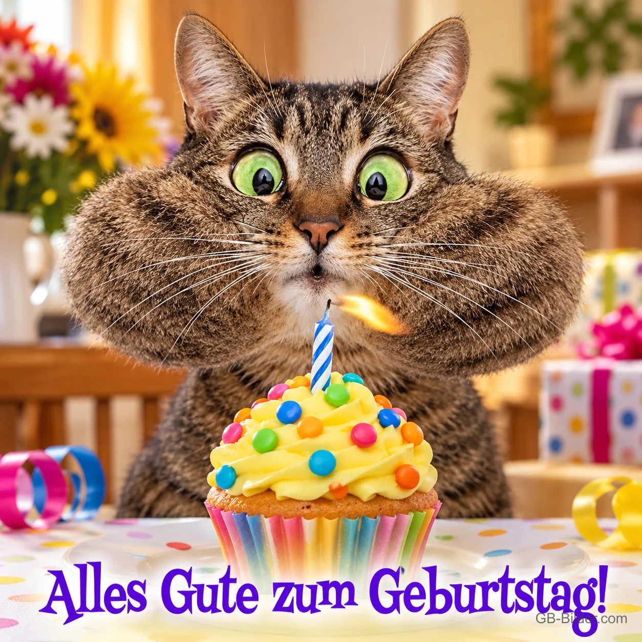 Getigerte Katze mit großen Augen und dicken Backen hinter einem bunten Muffin mit Kerze, Text: Alles Gute zum Geburtstag!