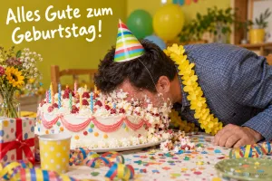 Mann mit Partyhut und Blumenkette liegt mit dem Gesicht in einer Geburtstagstorte, Text: Alles Gute zum Geburtstag!