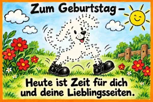 Punkt-zu-Punkt-Bild eines Schafs mit Schuhen auf einer Blumenwiese, Text: Zum Geburtstag – Heute ist Zeit für dich und deine Lieblingsseiten.