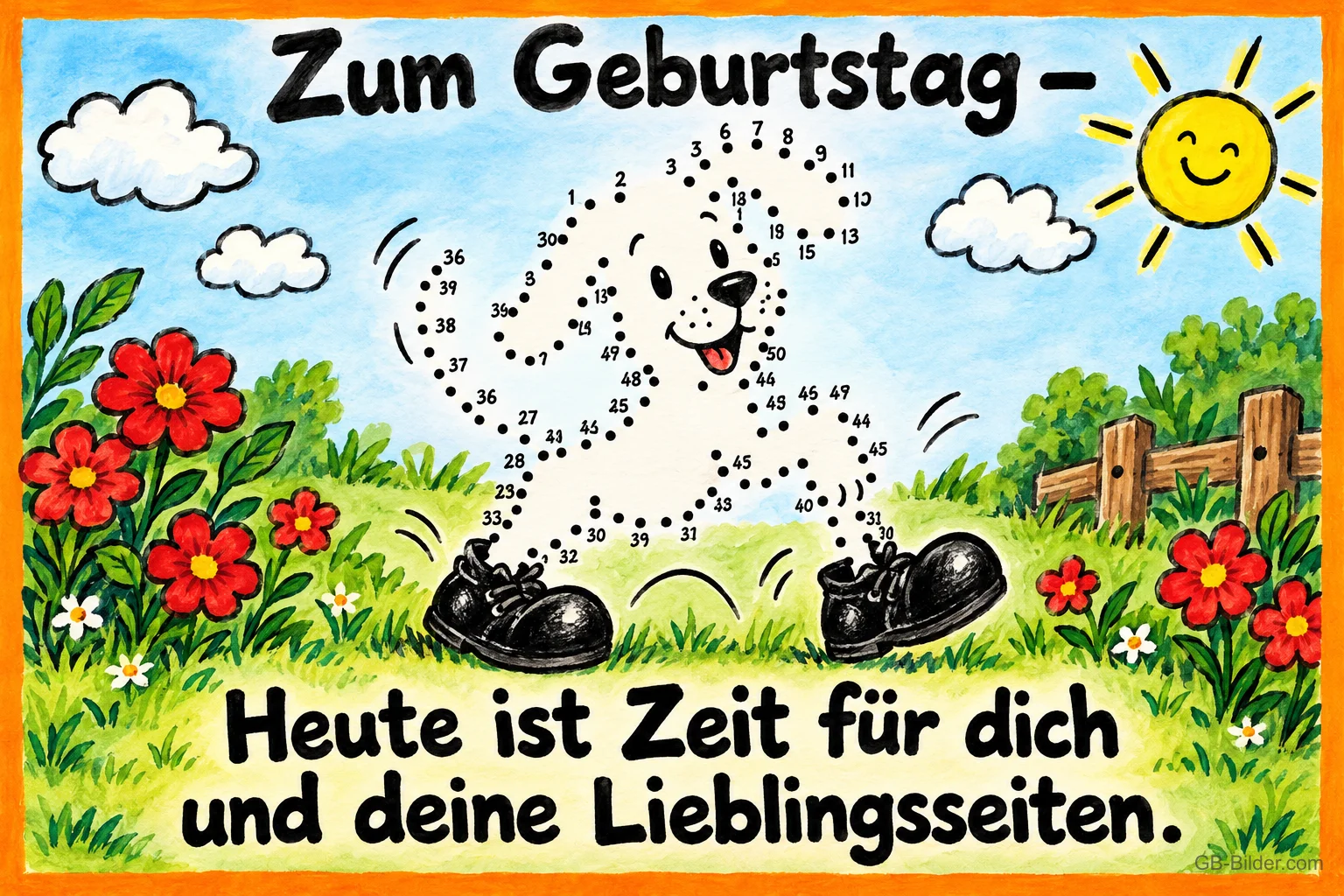 Punkt-zu-Punkt-Bild eines Schafs mit Schuhen auf einer Blumenwiese, Text: Zum Geburtstag – Heute ist Zeit für dich und deine Lieblingsseiten.