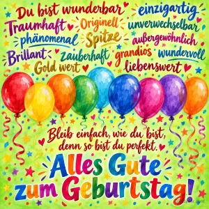Bunte Komplimente in vielen Schriften über einer Reihe glänzender Luftballons mit Konfetti, Text: Du bist wunderbar, einzigartig, traumhaft, originell, unverwechselbar, phänomenal, Spitze, außergewöhnlich, brillant, zauberhaft, grandios, wundervoll, Gold wert, liebenswert. Bleib einfach, wie du bist, denn so bist du perfekt. Alles Gute zum Geburtstag!