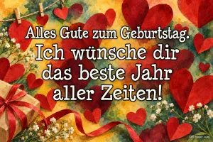 Rote Herzen und Geschenk auf goldenem Grund, Text: Alles Gute zum Geburtstag. Ich wünsche dir das beste Jahr aller Zeiten!