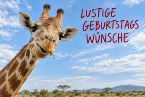 Giraffe mit Blättern im Maul vor blauem Himmel, Text: LUSTIGE GEBURTSTAGSWÜNSCHE