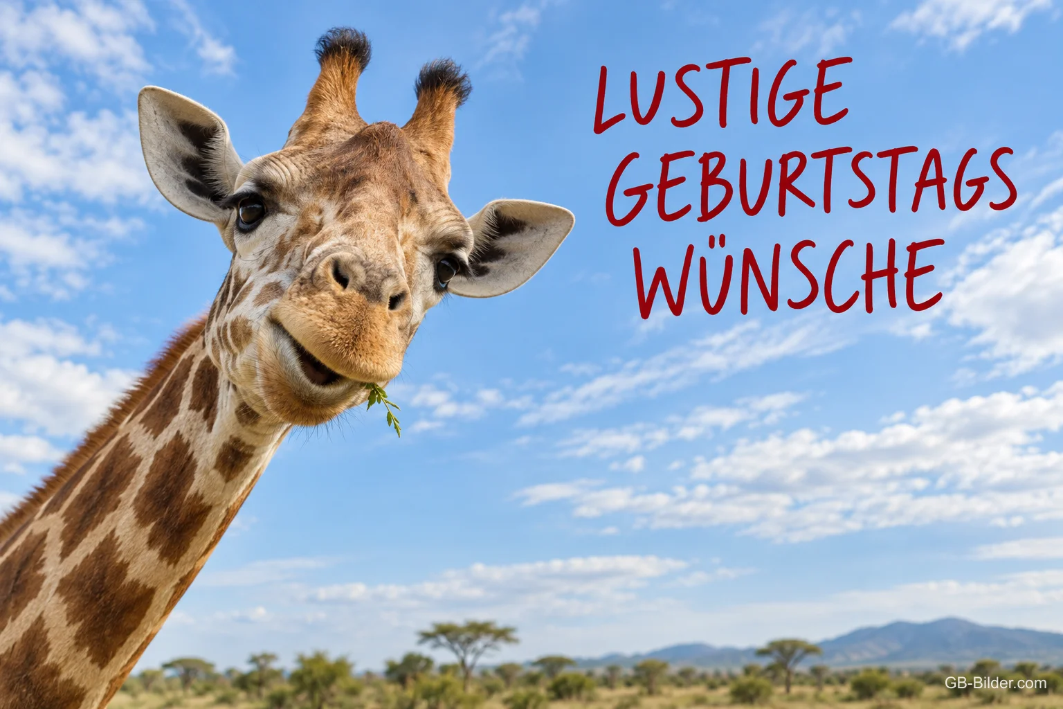 Giraffe mit Blättern im Maul vor blauem Himmel, Text: LUSTIGE GEBURTSTAGSWÜNSCHE