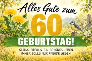 Goldene 60 zwischen Löwenzahn, daneben eine Blaumeise, Text: Alles Gute zum 60. GEBURTSTAG! GLÜCK, ERFOLG, EIN SCHÖNES LEBEN, IMMER SOLLS NUR FREUDE GEBEN!
