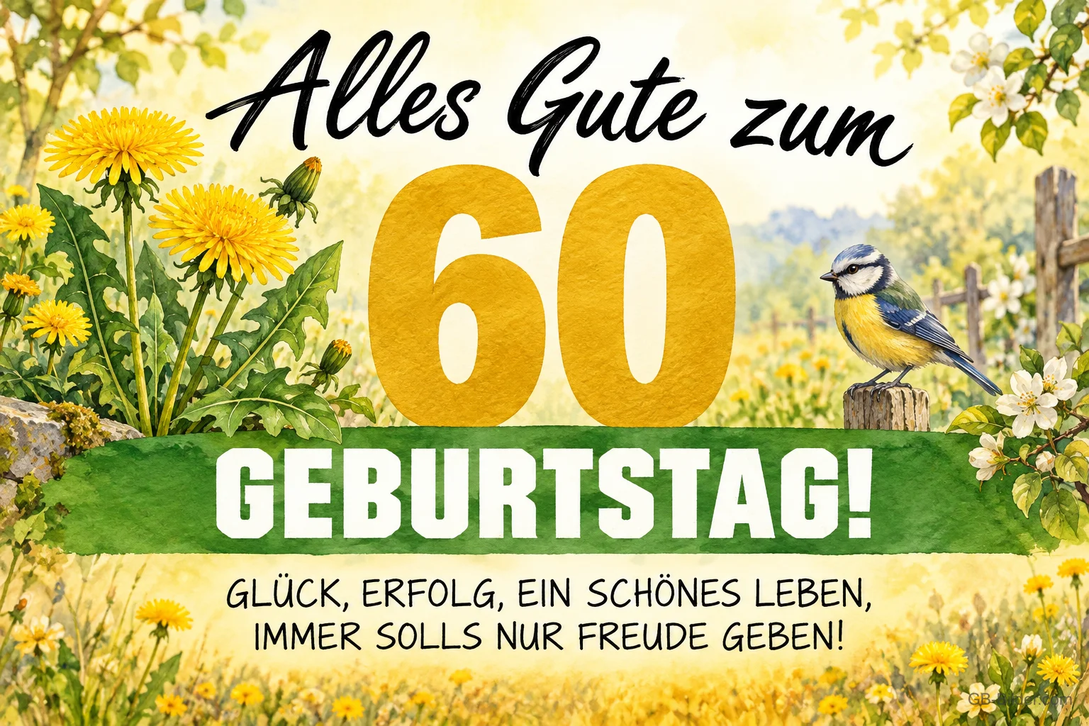 Goldene 60 zwischen Löwenzahn, daneben eine Blaumeise, Text: Alles Gute zum 60. GEBURTSTAG! GLÜCK, ERFOLG, EIN SCHÖNES LEBEN, IMMER SOLLS NUR FREUDE GEBEN!