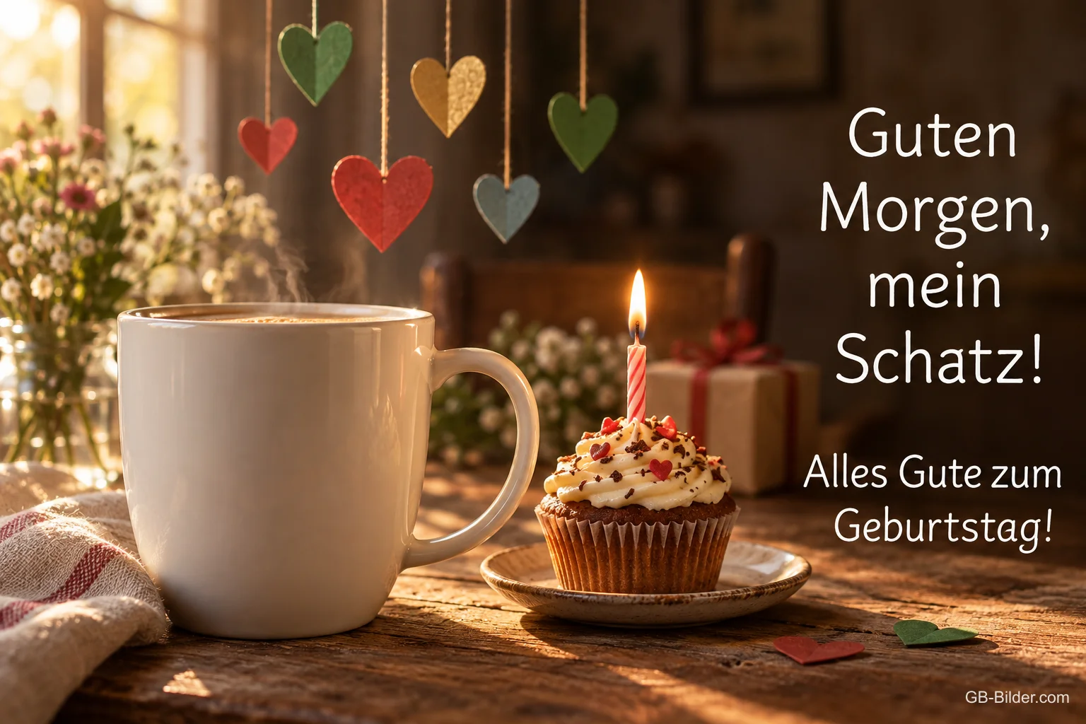 Kaffeetasse neben einem Cupcake mit Kerze, darüber bunte Herzen, Text: Guten Morgen, mein Schatz! Alles Gute zum Geburtstag!