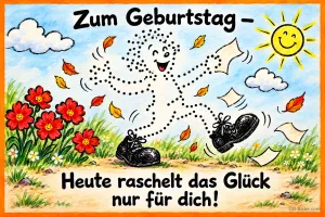 Punkt-zu-Punkt-Figur mit Schuhen tanzt zwischen roten Blumen und Herbstblättern, Text: Zum Geburtstag – Heute raschelt das Glück nur für dich!