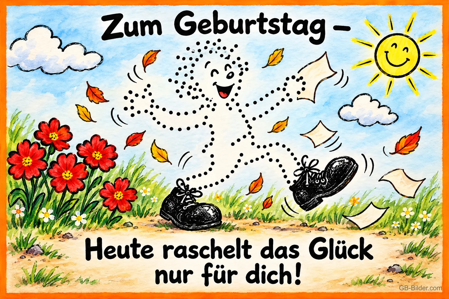 Punkt-zu-Punkt-Figur mit Schuhen tanzt zwischen roten Blumen und Herbstblättern, Text: Zum Geburtstag – Heute raschelt das Glück nur für dich!