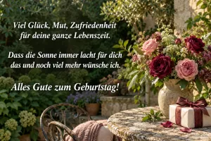 Rosen mit Geschenk, Text: Viel Glück, Mut, Zufriedenheit für deine ganze Lebenszeit