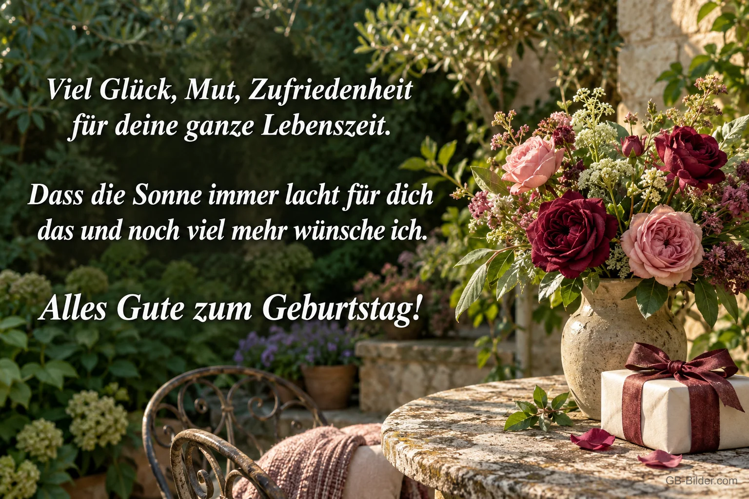 Rosen mit Geschenk, Text: Viel Glück, Mut, Zufriedenheit für deine ganze Lebenszeit