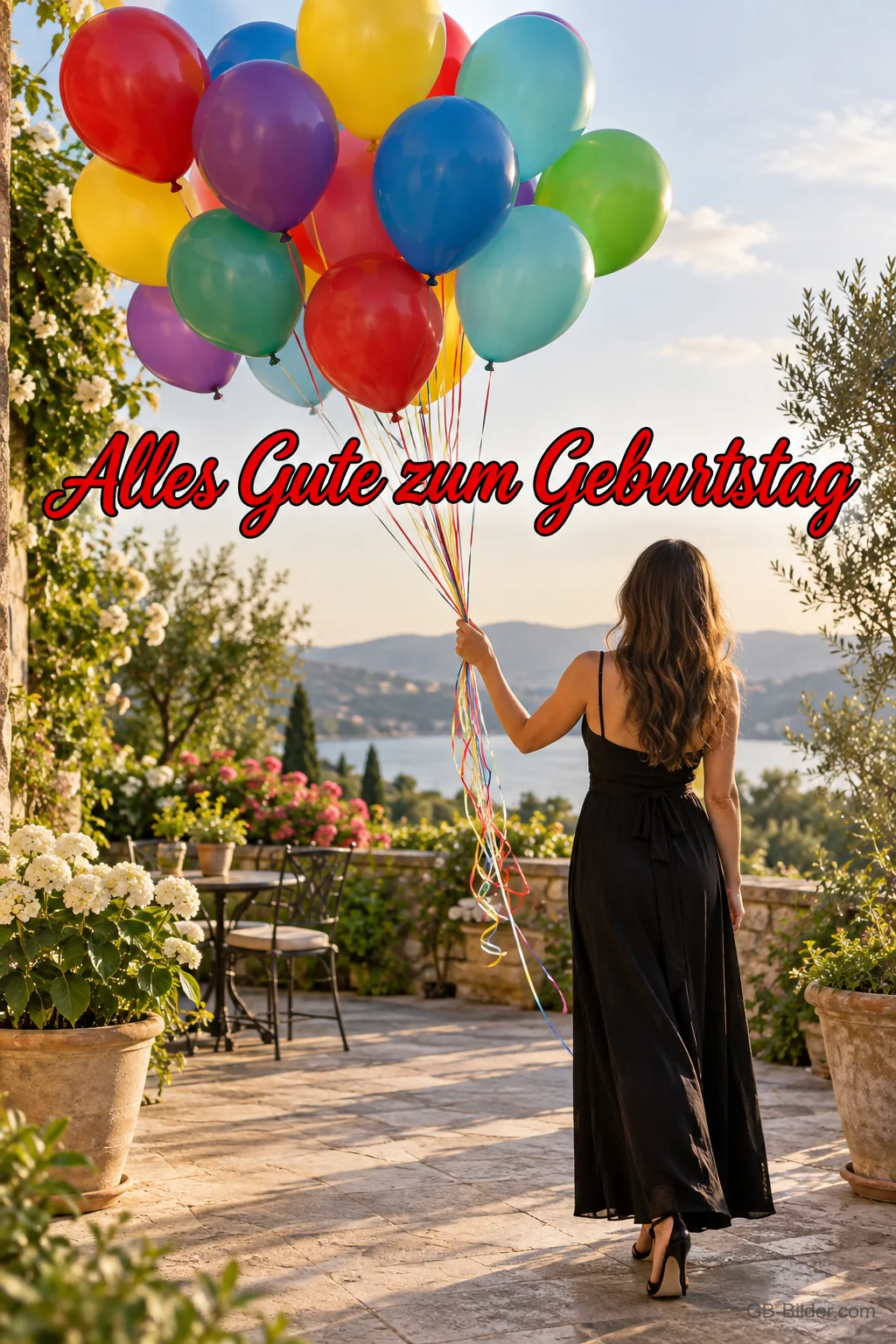 Frau im schwarzen Kleid hält bunte Luftballons auf einer Terrasse, Text: Alles Gute zum Geburtstag