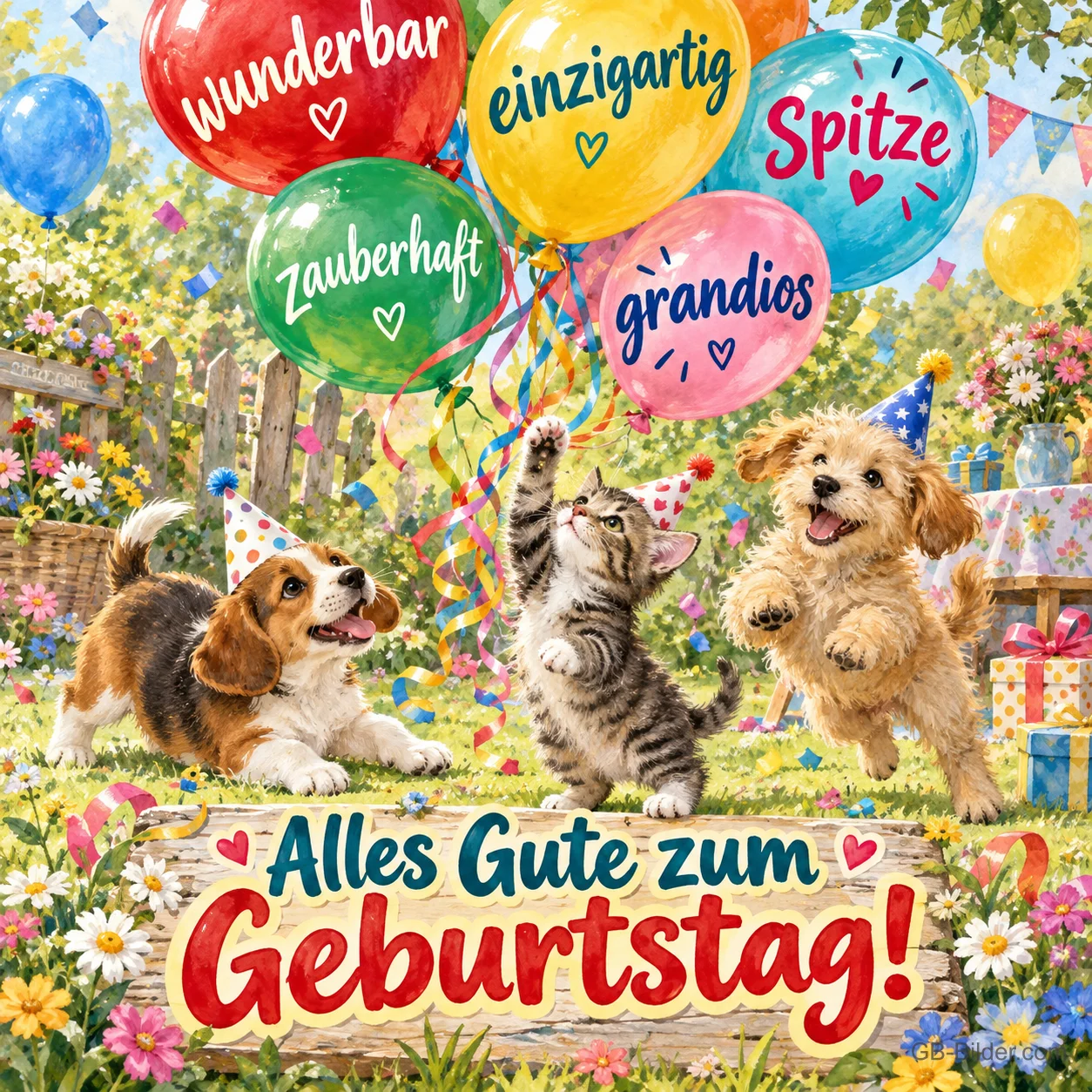 Welpen und ein Kätzchen mit Partyhüten spielen unter bunten Luftballons mit Komplimenten, Text: wunderbar – einzigartig – Spitze – zauberhaft – grandios – Alles Gute zum Geburtstag!