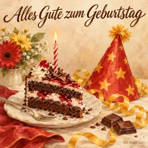 Stück Schwarzwälder Torte mit Kerze neben einem Partyhut, Text: Alles Gute zum Geburtstag