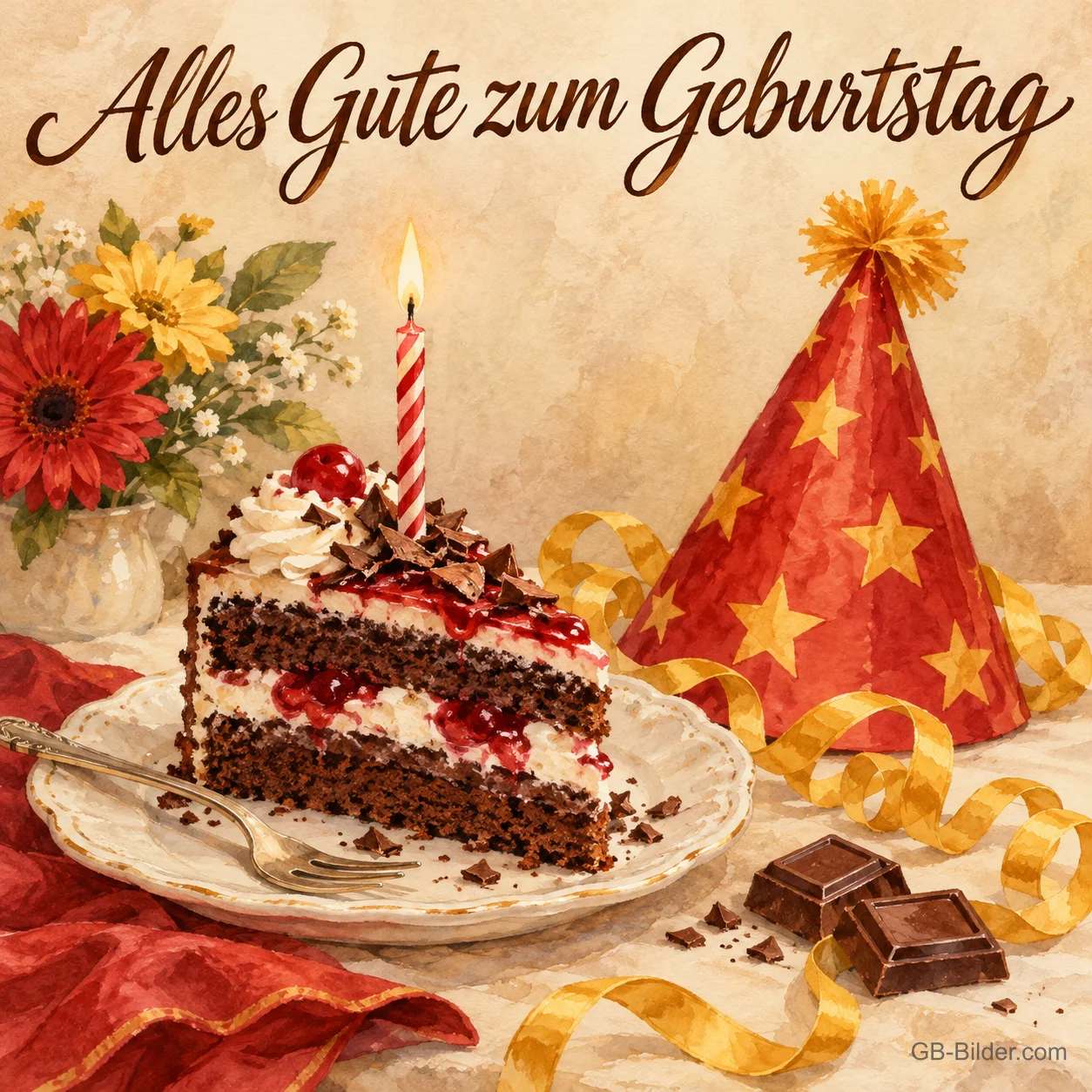 Stück Schwarzwälder Torte mit Kerze neben einem Partyhut, Text: Alles Gute zum Geburtstag