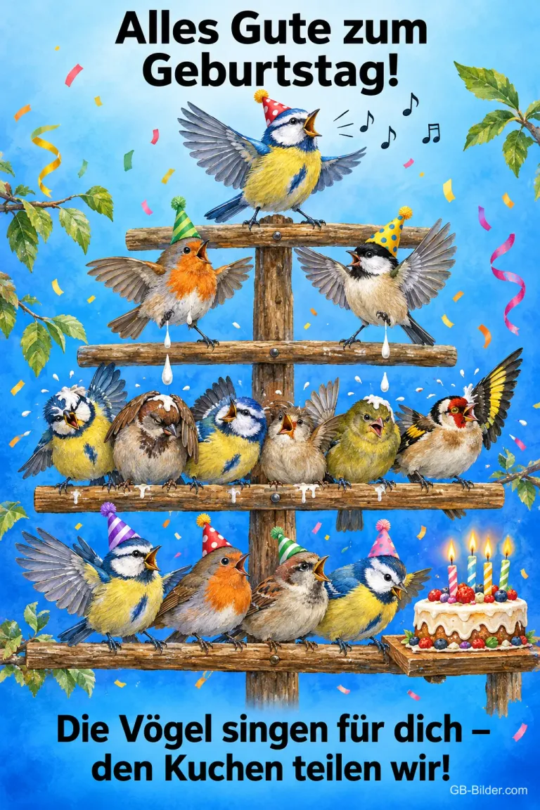 Viele Vögel mit Partyhüten singen auf einem Holzgestell neben einer Torte, Text: Alles Gute zum Geburtstag! Die Vögel singen für dich – den Kuchen teilen wir!
