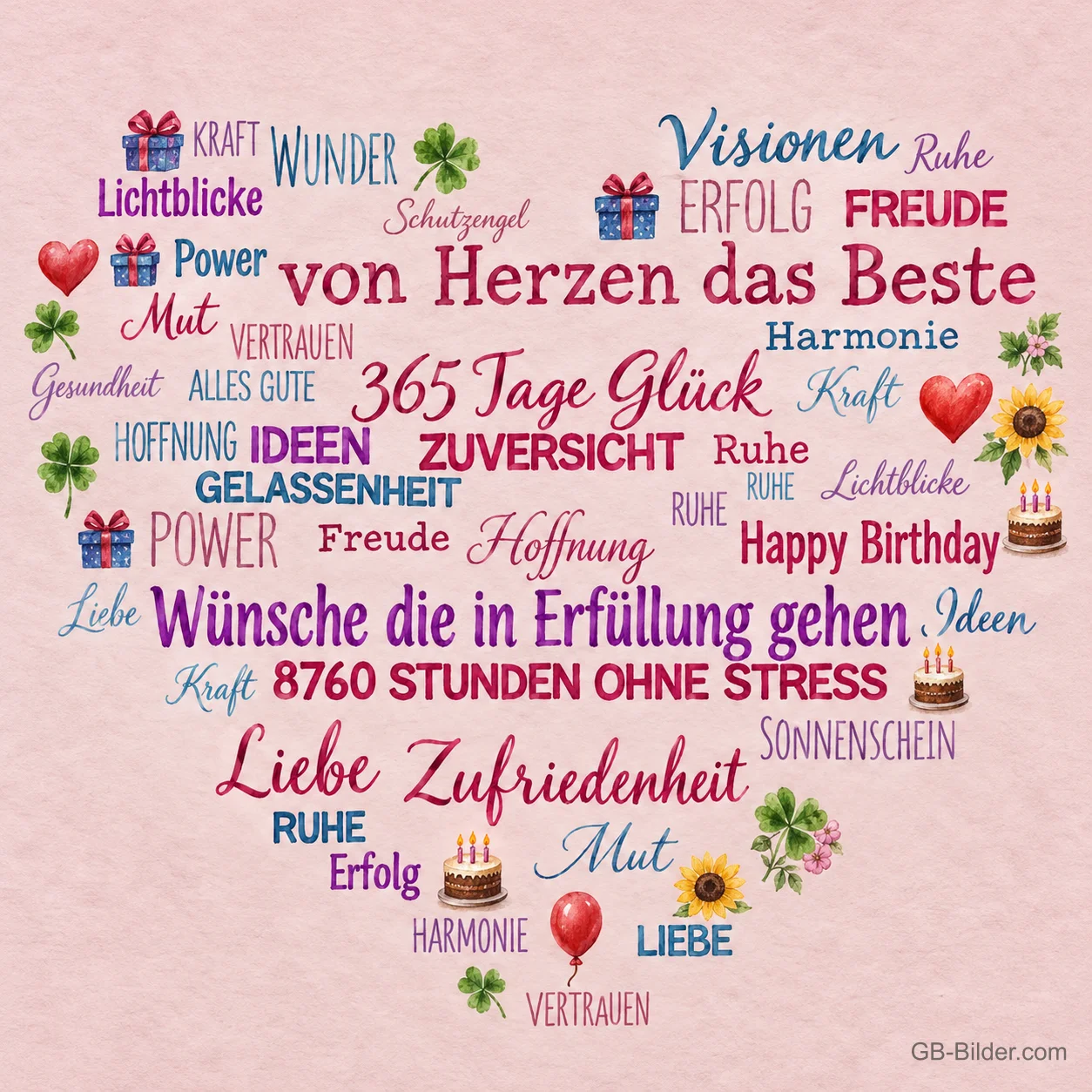 Herz aus vielen bunten Geburtstagswünschen wie Liebe, Freude, Erfolg und Zufriedenheit mit Geschenken, Kleeblättern und Kuchen